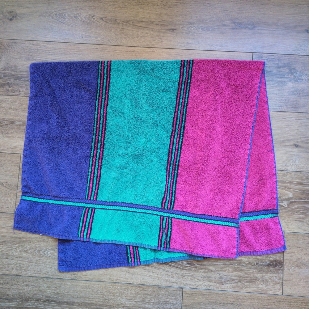 Vintage 80s 90s Terrycloth Bath or Beach Towel Blue Green Pink Striped USA Made